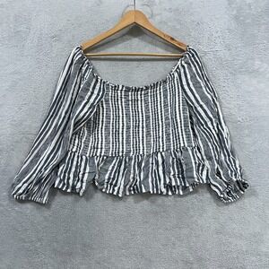 American Eagle Top Womens‎ XL Smocked Long-Sleeved Dark Navy Blue White Boho